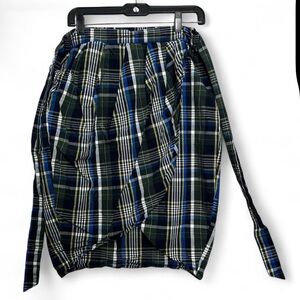 GIANNI BINI Olive Green Blue Plaid Faux Wrap Tulip Hem Skirt Size M Academia